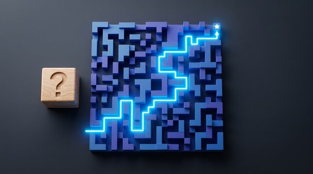 Glowing blue digital pathway navigating a complex maze representing strategic business solution and technological guidance
