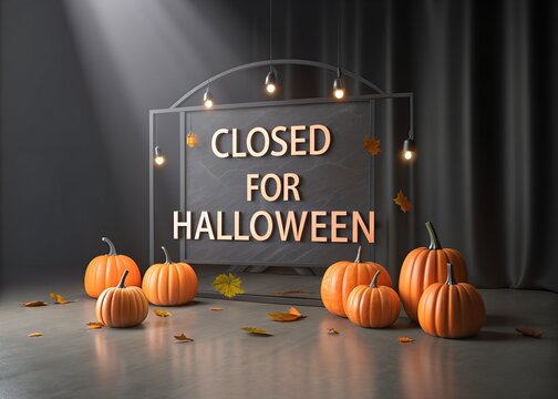 Halloween business closure announcement poster for retail stores, cafes, restaurants and offices with festive October 31 holiday notice, spooky seasonal storefront signage  