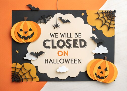 Halloween business closure announcement poster for retail stores, cafes, restaurants and offices with festive October 31 holiday notice, spooky seasonal storefront signage  