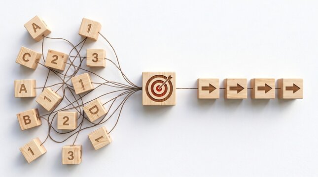 Strategic alignment concept showing scattered wooden blocks connected to a central target leading to a clear direction
