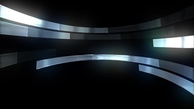 Futuristic 3D metallic silver curved stage background motion. Abstract news studio tech display ring animation. Modern metallic circle geometry backdrop.