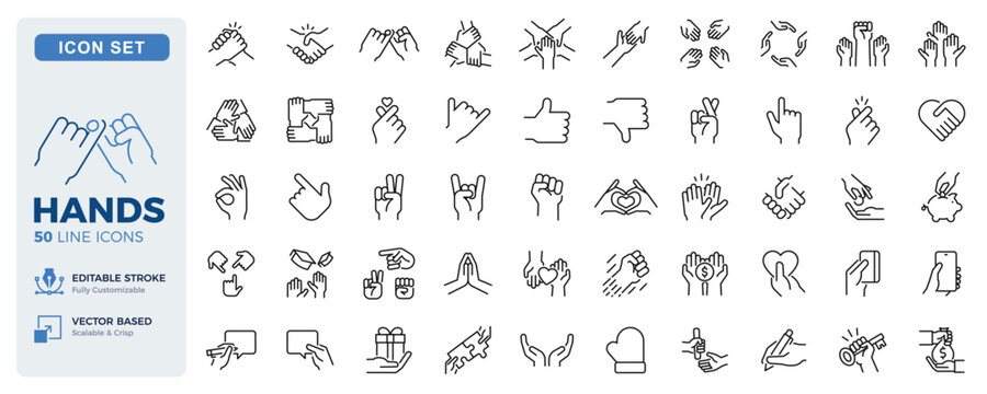 Hands icon set. Gestures, support, touch, trust and interaction thin line icons. Editable stroke vector illustrations.