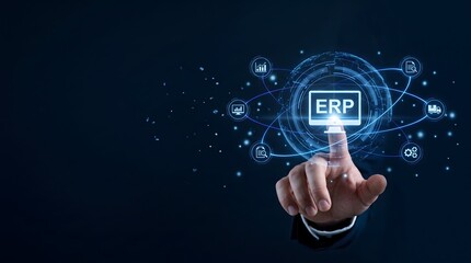 Obraz premium Businessman s finger touching a futuristic screen displaying ERP system interface with interconnected icons representing business processes and data flow dark blue background.