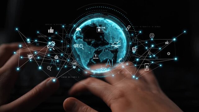 Global AI-powered digital network ecosystem connecting data, finance, analytics, ecommerce, communication, and automation across continents through technology and cloud Marrow