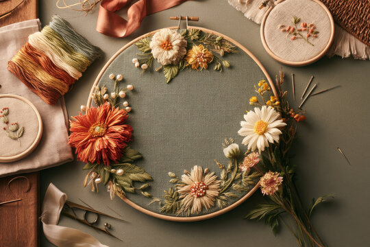 Floral embroidery workspace with hoop, dimensional stitched flowers, thread, needles, ribbon and fabric arranged around an intricate botanical needlework design.