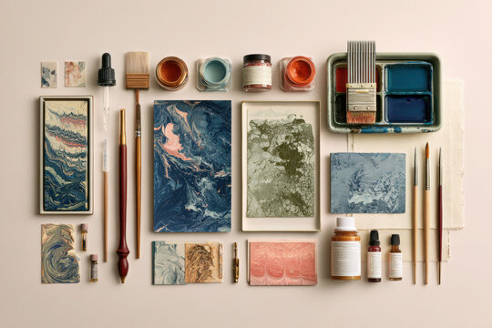 Marbling art supplies flat lay with patterned paper, pigments, brushes, inks, palette and bottles arranged as a colourful traditional creative workspace.