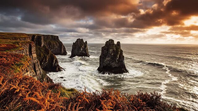 Dramatic sunset over rugged coastal cliffs and sea stacks
