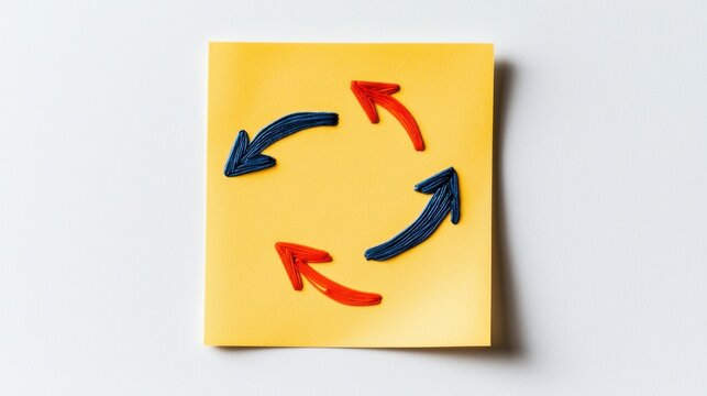 Four red and blue arrows arranged in a clockwise circular pattern on a yellow sticky note against a white background.