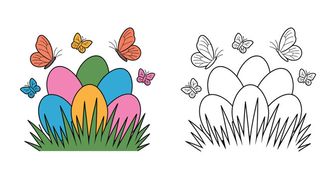 Egg icon set with colorful easter illustrations and line art outline