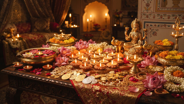 Diwali/deepavali day festival with lakshmi statue and burning diyas