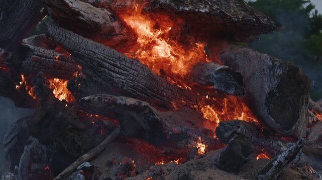 Fire burning stacked wood outdoors. Fire and glowing embers beneath charred logs. Orange fire flames around burning timber. Intense fire burning through cracked wood.