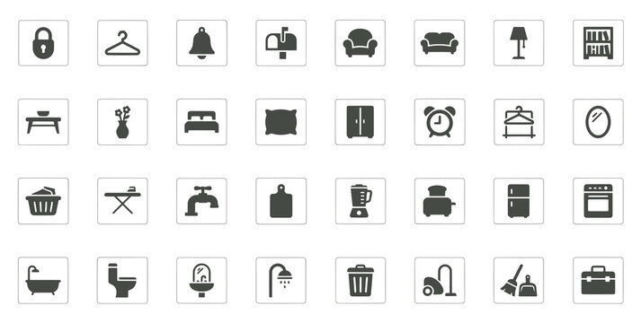 Home Furniture House Appliances Graphic Elements Set Sofa Bed Chair Wardrobe Lamp Mirror Refrigerator Blender Oven Washing Machine