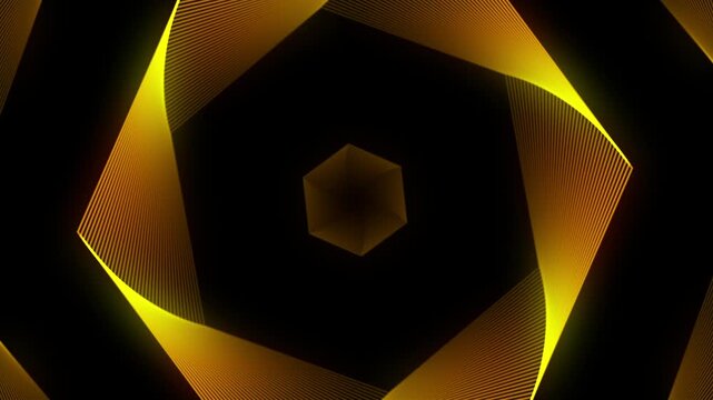Abstract golden geometric hexagon line tunnel background. Glowing yellow light motion pattern backdrop. Futuristic dynamic linear grid animation.