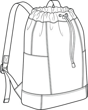 Vector outline sketch of a drawstring backpack fashion flat technical drawing template