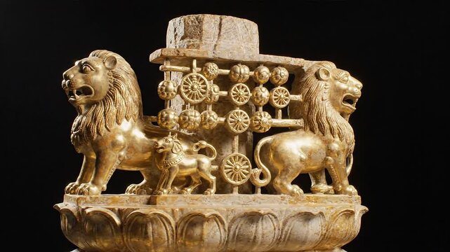 Ancient golden lion sculpture inspired by historical Indian capital carvings with dharma wheels and lotus pedestal