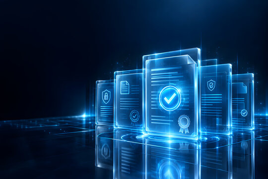 Conceptual digital verification of electronic documents with glowing interface, security symbols, and compliance certificates for data protection and cyber security management systems.