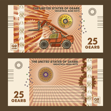 Vector obverse and reverse of techno style banknote. Guilloche, mesh patterns. Brown industrial note. Denomination, twenty five gears. 25. 3D gear. Heavy duty forklift. Discount flyer or game money