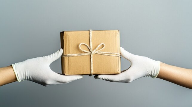 Two hands wearing white gloves exchange a small, brown cardboard box tied with string against a plain gray background.