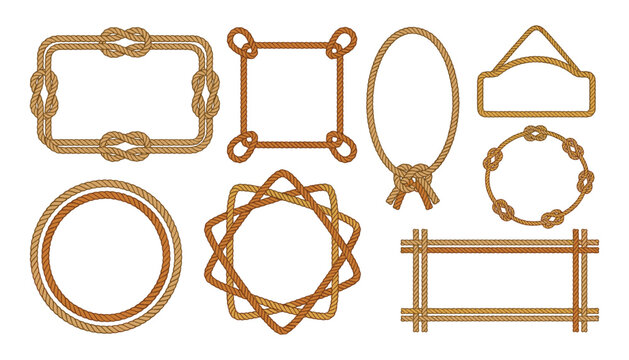 Nautical rope frames and borders vector elements set with knots cordage star circle and rectangle shapes for marine design