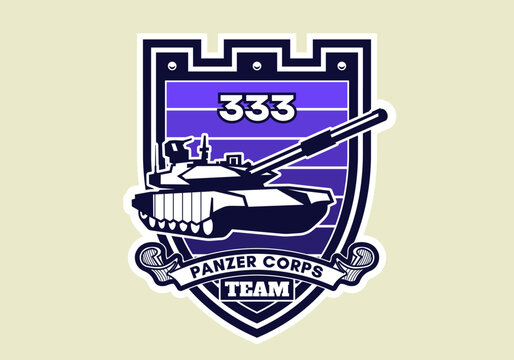 Vector violet military emblem, coat of arms or logo. Panzer corps. Esports sticker or patch. Bold modern graphic silhouette of tank, powerful gun raised. Artillery. Heavy armored сombat machine. Decal