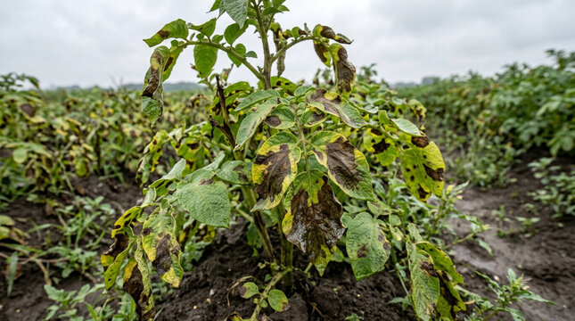 Potato plant showing late blight symptoms, dark brown irregular lesions spreading across green leaves, realistic crop disease photography