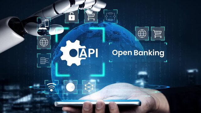 Robotic Hand Interacting with Smartphone Displaying API and Open Banking Concept on Blue Global Background with Digital Icons and Technology Elements Gluon.