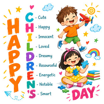 Happy Childrens Day greeting card design with cartoon kids playing