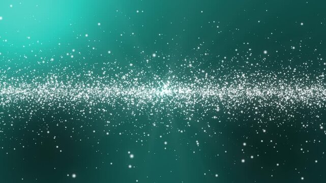 エメラルドグリーン背景を流れる輝く白とシルバーの光粒子と繊細なグリッターのシームレスループ動画素材 / Shining white and silver light particles and delicate glitter stream loop background on emerald green gradient