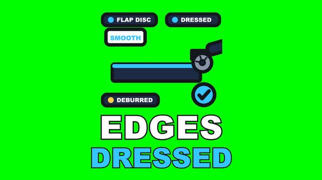 4K green screen EDGES DRESSED animated text - the grinder walks the edge and leaves it smooth behind it, kinetic typography metal fabrication and welding overlay, chroma key