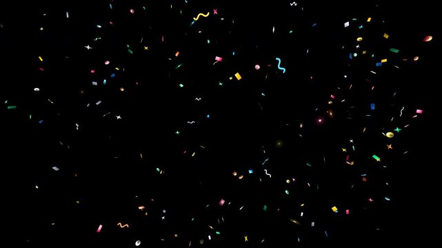 colorful confetti explosion and falling party streamers on black background perfect for birthday celebration graphic