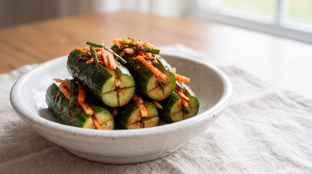 Korean oi sobagi stuffed cucumber kimchi filled with chives, radish and carrot in a white bowl on a light table