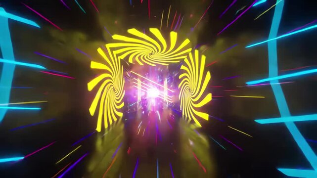 Tracking shot moving through a tunnel of abstract laser lights, with shifting colors and patterns that evolve over time, crafting an engaging immersive experience
