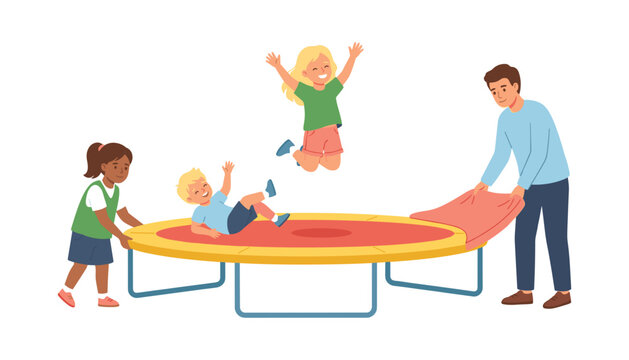 Happy kids jumping on backyard trampoline vector scene with adult supervisor for active childhood summer fun recreation