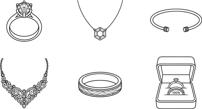 Set of jewelry icons featuring rings necklaces and bracelets in a clean linear vector illustration style