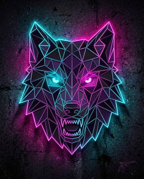 Vibrant Neon Cyberpunk Geometric Animal Wolf Head Graphic Art