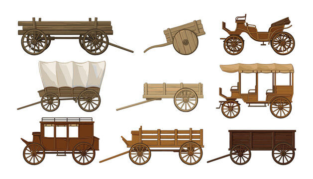 Vintage wooden carriage and old western wagon vector set featuring historical horse drawn carts coaches and stagecoach transport