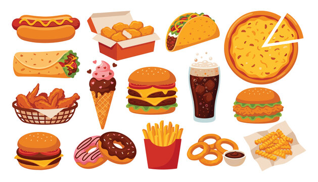 Fast food vector illustration set featuring burger pizza french fries hot dog chicken nuggets taco and sweet desserts
