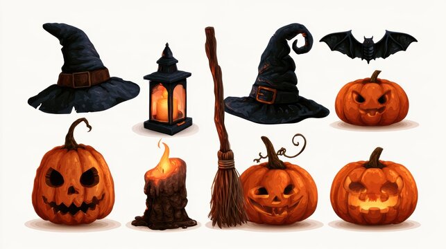 Halloween decorative items,pumpkin bucket,orange candy,jack-o-lantern,witch hat,spooky,scary,spider web,ghost,horror,black cat,festive,celebration,banner,element set on white background.
