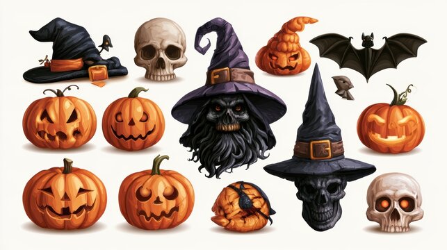 Halloween decorative items,pumpkin bucket,orange candy,jack-o-lantern,witch hat,spooky,scary,spider web,ghost,horror,black cat,festive,celebration,banner,element set on white background.