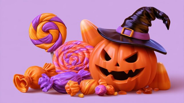 Halloween decorative items,pumpkin bucket,orange candy,jack-o-lantern,witch hat,spooky,scary,spider web,ghost,horror,black cat,festive,celebration,banner,element set on white background.