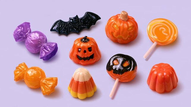 Halloween decorative items,pumpkin bucket,orange candy,jack-o-lantern,witch hat,spooky,scary,spider web,ghost,horror,black cat,festive,celebration,banner,element set on white background.