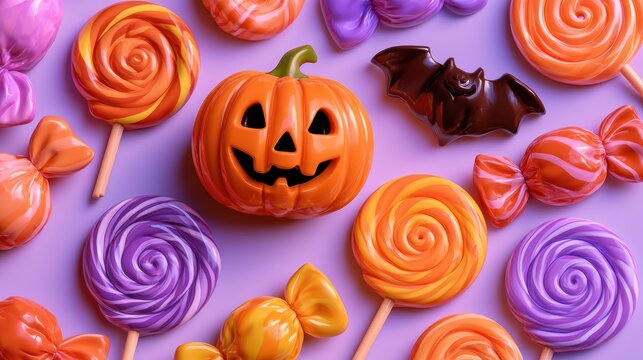 Halloween decorative items,pumpkin bucket,orange candy,jack-o-lantern,witch hat,spooky,scary,spider web,ghost,horror,black cat,festive,celebration,banner,element set on white background.