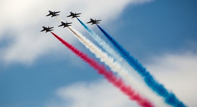 Four military jets flying in formation with red white and blue smoke trails