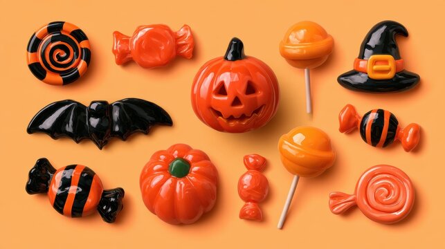 Halloween decorative items,pumpkin bucket,orange candy,jack-o-lantern,witch hat,spooky,scary,spider web,ghost,horror,black cat,festive,celebration,banner,element set on white background.