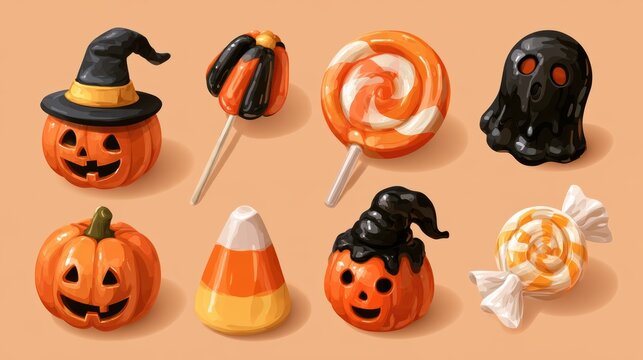 Halloween decorative items,pumpkin bucket,orange candy,jack-o-lantern,witch hat,spooky,scary,spider web,ghost,horror,black cat,festive,celebration,banner,element set on white background.