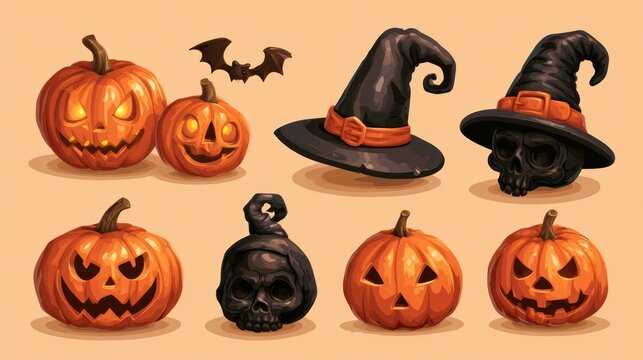 Halloween decorative items,pumpkin bucket,orange candy,jack-o-lantern,witch hat,spooky,scary,spider web,ghost,horror,black cat,festive,celebration,banner,element set on white background.