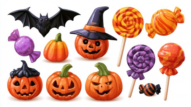 Halloween decorative items,pumpkin bucket,orange candy,jack-o-lantern,witch hat,spooky,scary,spider web,ghost,horror,black cat,festive,celebration,banner,element set on white background.