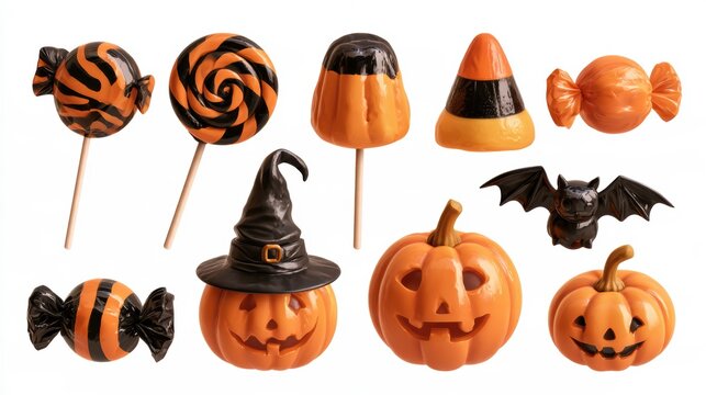 Halloween decorative items,pumpkin bucket,orange candy,jack-o-lantern,witch hat,spooky,scary,spider web,ghost,horror,black cat,festive,celebration,banner,element set on white background.