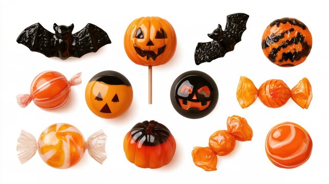 Halloween decorative items,pumpkin bucket,orange candy,jack-o-lantern,witch hat,spooky,scary,spider web,ghost,horror,black cat,festive,celebration,banner,element set on white background.