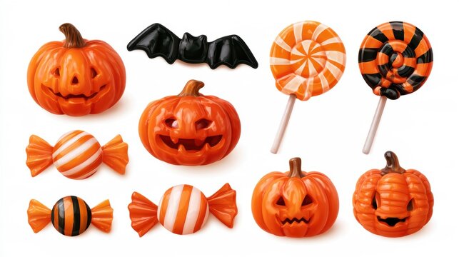 Halloween decorative items,pumpkin bucket,orange candy,jack-o-lantern,witch hat,spooky,scary,spider web,ghost,horror,black cat,festive,celebration,banner,element set on white background.